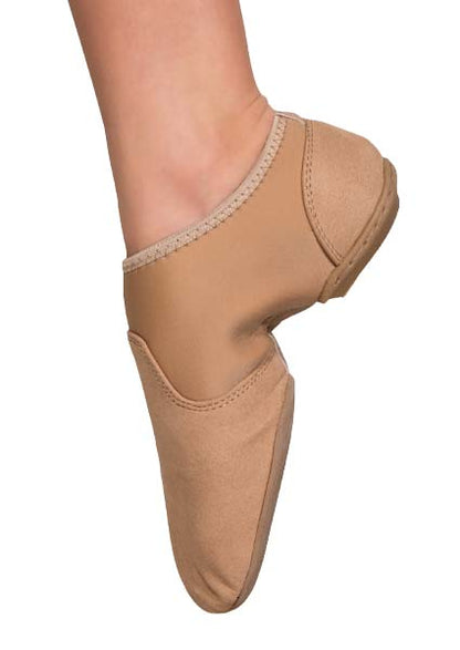 Side profile of Ever‑Jazz tan guard shoe showing snug elastic throat, smooth upper, and subtle heel to enhance toe-point flexibility.