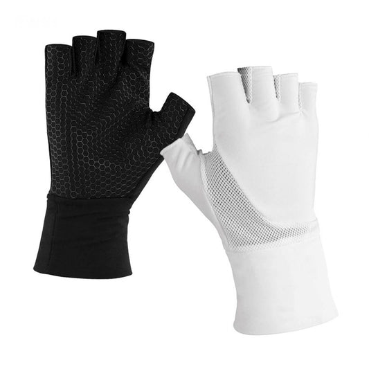 Hyperformance fingerless glove in white and black stretch Lycra laid flat, showing three-finger cut, reinforced synthetic palm patch, and elastic wrist opening designed for musicians and instrument players