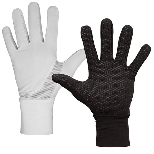Hyperformance full-finger glove in white or black stretch Lycra laid flat, covering all fingers with reinforced synthetic palm patch and elastic cuff designed for better grip and wrist support