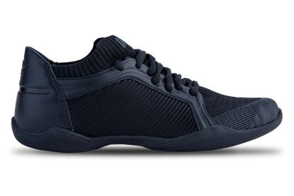 renegade 1 low-profile athletic marching shoe in black, with supportive synthetic upper, breathable mesh panels, and cushioned sole for marching, percussion, and color guard.