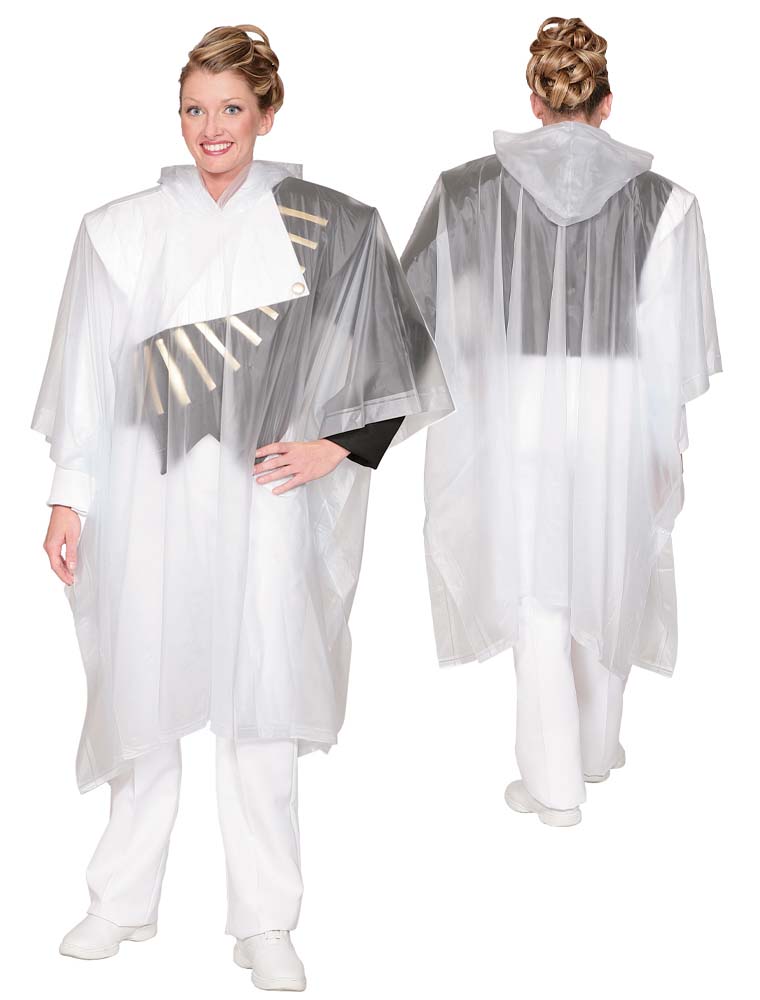 Front view of clear side-snap poncho wearing hood up with snap-closure visible along side seams—waterproof PVC design ideal for ensemble layering