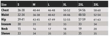 Clothing size chart with measurements for chest, waist, hip, inseam, neck, and sleeve.
