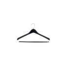 Black 17‑inch contoured plastic suit hanger with polished swivel hook and integrated locking pant bar—securely holds trousers using a locking mechanism at each end.