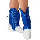 Short boot covers in royal blue micro‑sequin fabric worn over white uniform shoes, featuring elastic side closures and scalloped top edge for guard and performance use