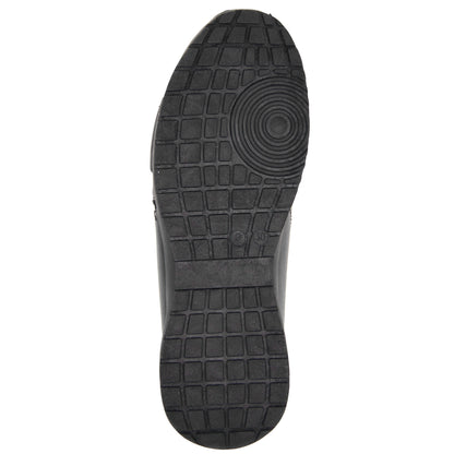 Sole view of Allegro by DeMoulin marching band shoe featuring non-marking rubber outsole with pivot ball, water-evacuation channels, and textured heel zone for traction on wet grass and turf.