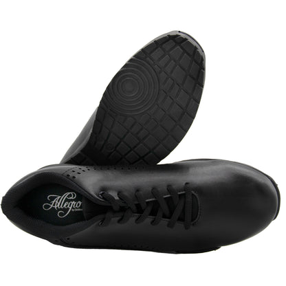 Allegro by DeMoulin black marching band shoe featuring closed‑lace oxford styling, padded mesh tongue, latex heel pod, padded back counter, EVA‑molded arch support, and water‑evacuation outsole with pivot ball for wet grass traction.