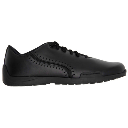Allegro by DeMoulin black marching band shoe featuring closed‑lace oxford styling, padded mesh tongue, latex heel pod, padded back counter, EVA‑molded arch support, and water‑evacuation outsole with pivot ball for wet grass traction.