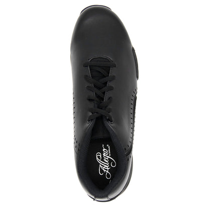 Top view of Allegro by DeMoulin marching band shoe showing closed-lace oxford design, padded mesh tongue, contoured collar, and streamlined toe box for clean uniform appearance