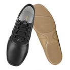 Balancé split-sole guard shoe in black or nude leather upper with elastic gore panels, toggle-tightened dance laces, padded insole, and split rubber sole with textured heel and forefoot for arch protection and smooth turns indoors or outdoors.
