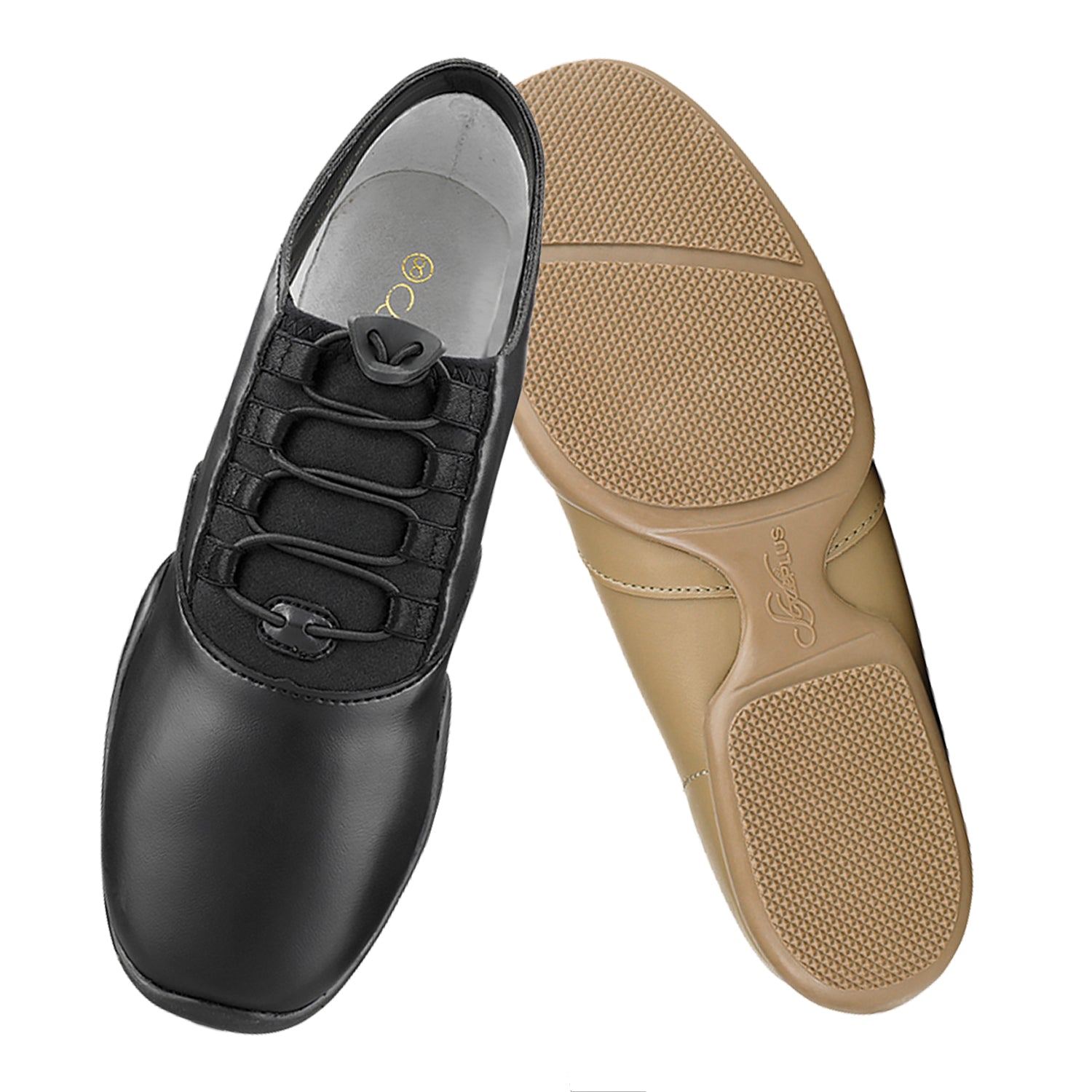 Balancé split-sole guard shoe in black or nude leather upper with elastic gore panels, toggle-tightened dance laces, padded insole, and split rubber sole with textured heel and forefoot for arch protection and smooth turns indoors or outdoors.