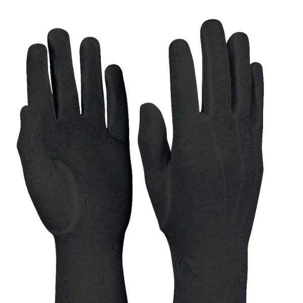 Long-wrist nylon stretch glove in solid black color, laid flat showing full-length palm coverage, smooth elastic wrist cuff extending toward forearm, and seamless fingertip design