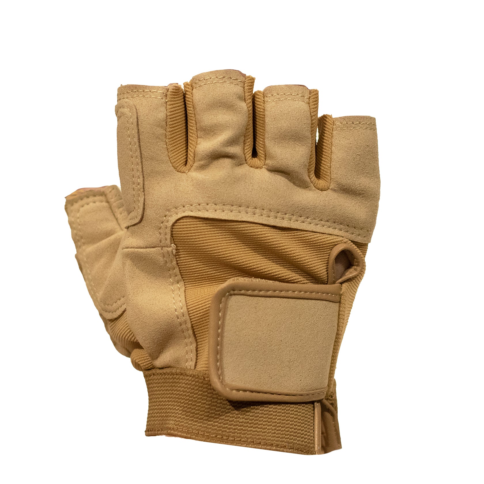 tan fingerless guard glove laid flat showing split-finger design, cotton-spandex blend, adjustable Velcro wrist strap, and reinforced palm patch for secure flag or rifle handling
