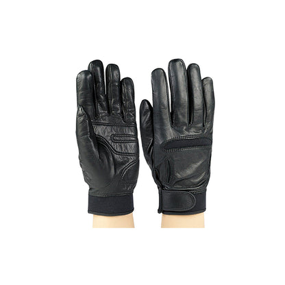 Drum Major Pro Gloves pair in black soft leather with neoprene back panels, featuring reinforced palm stitching, articulated finger seams, and adjustable hook‑and‑loop wrist strap for secure fit.