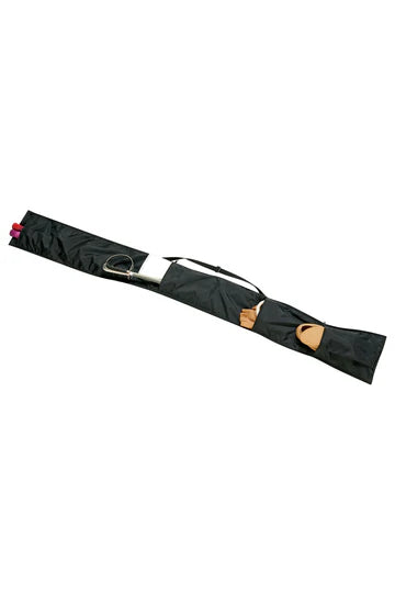  long padded nylon case with adjustable shoulder strap, zipper closure on top edge, and reinforced ends—designed to protect and transport color guard rifles.