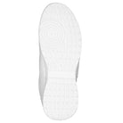 Sole view of white Fanfare marching shoe showing non‑marking rubber outsole with pivot ball, water‑evacuation divots, and extra stitching at toe and heel for secure grip on turf and wet surfaces