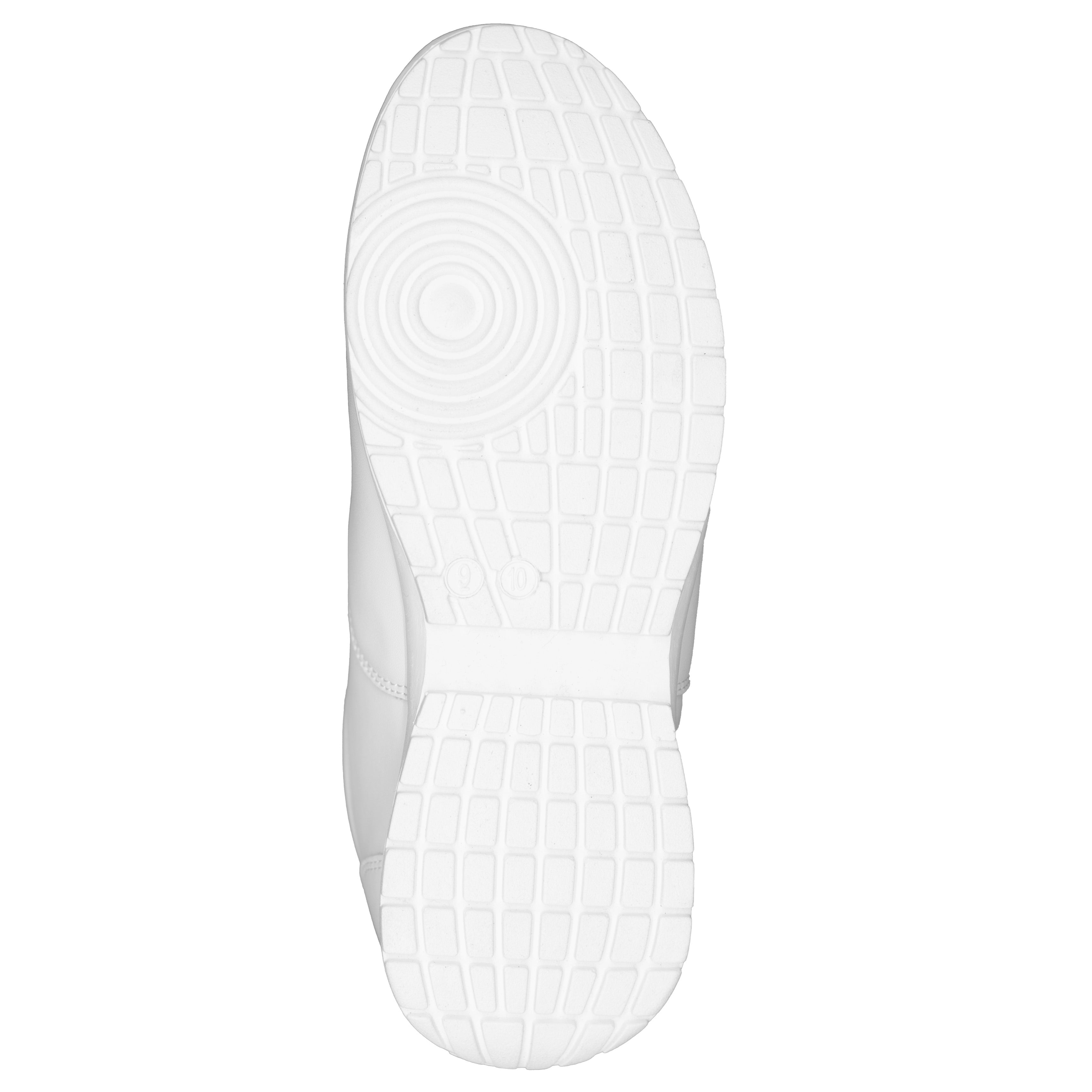 Sole view of white Fanfare marching shoe showing non‑marking rubber outsole with pivot ball, water‑evacuation divots, and extra stitching at toe and heel for secure grip on turf and wet surfaces