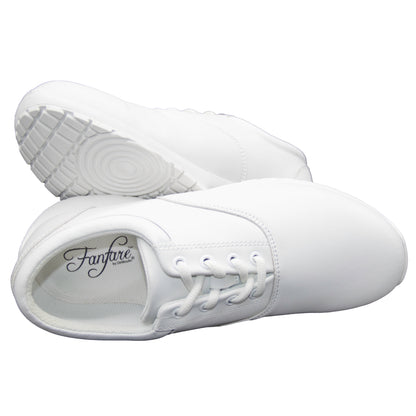 White Fanfare by DeMoulin marching band shoe featuring oxford-style closed lacing with lace keeper, padded tongue and collar, latex heel pod, molded EVA arch support, and water‑evacuation outsole with pivot ball for outstanding traction on wet grass