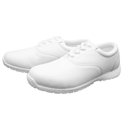 White Fanfare by DeMoulin marching band shoe featuring oxford-style closed lacing with lace keeper, padded tongue and collar, latex heel pod, molded EVA arch support, and water‑evacuation outsole with pivot ball for outstanding traction on wet grass
