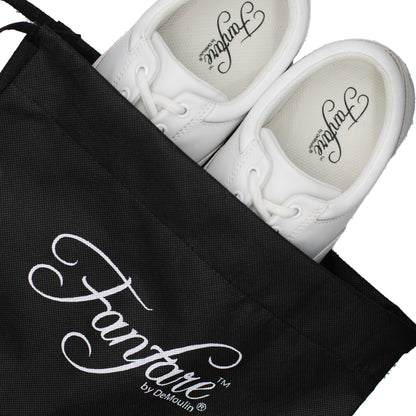 Heel view of white Fanfare shoe showing padded backcounter, reinforced heel seam, latex heel pod, and tapered outsole for stability and ankle support during marching