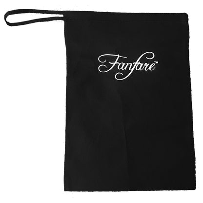Black canvas dust bag with white ‘Fanfare™’ logo included for shoe storage and protection