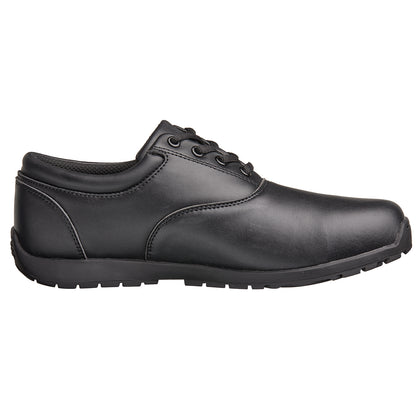 Fanfare by DeMoulin black marching band shoe with closed-lace oxford styling, padded tongue and collar, molded EVA arch support, and non-marking rubber outsole