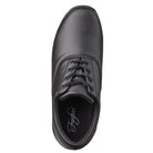 Fanfare by DeMoulin black marching band shoe showing crisp oxford lines, secure lace keeper, clean toe box, and breathable padded collar.