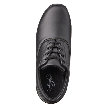 Fanfare by DeMoulin black marching band shoe showing crisp oxford lines, secure lace keeper, clean toe box, and breathable padded collar.