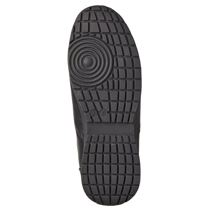 Sole view of black Fanfare marching shoe featuring non-marking rubber outsole, pivot ball disc, water-evacuation channels, and reinforced heel zone for traction