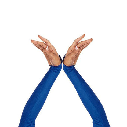 long glitter glove extending past the elbow, densely covered with shimmering fine glitter on stretch fabric, worn on arm with smooth elastic cuff—ideal for stage or drill-team sparkle. made to order