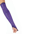 Long micro-sequin glove extending above elbow, densely covered in small shimmering sequins on stretch fabric with smooth elastic cuff—made-to-order for performance sparkle