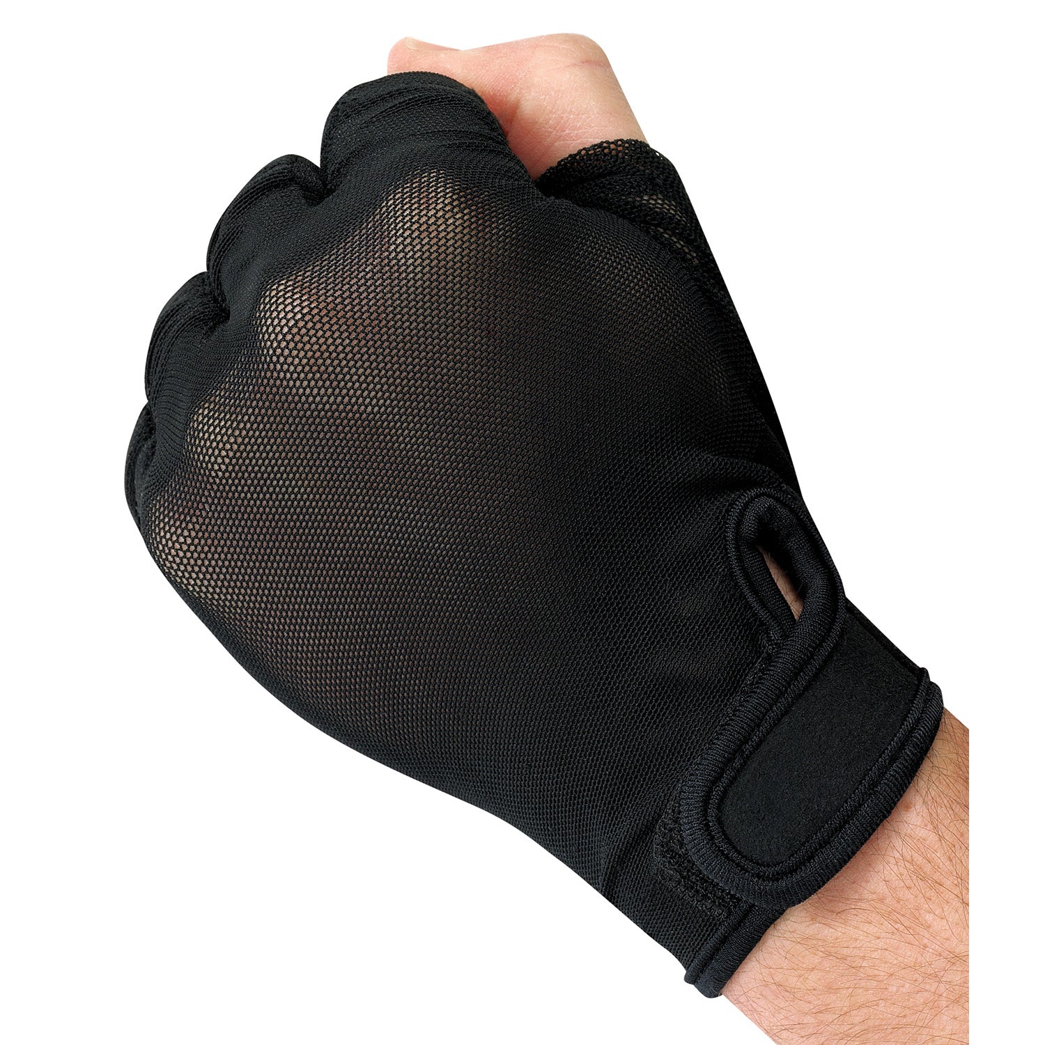 Back-of-hand view of StylePlus fingerless gloves showing smooth stretch knit across knuckles, clean half-finger hems, and snug wrist band in black or nude