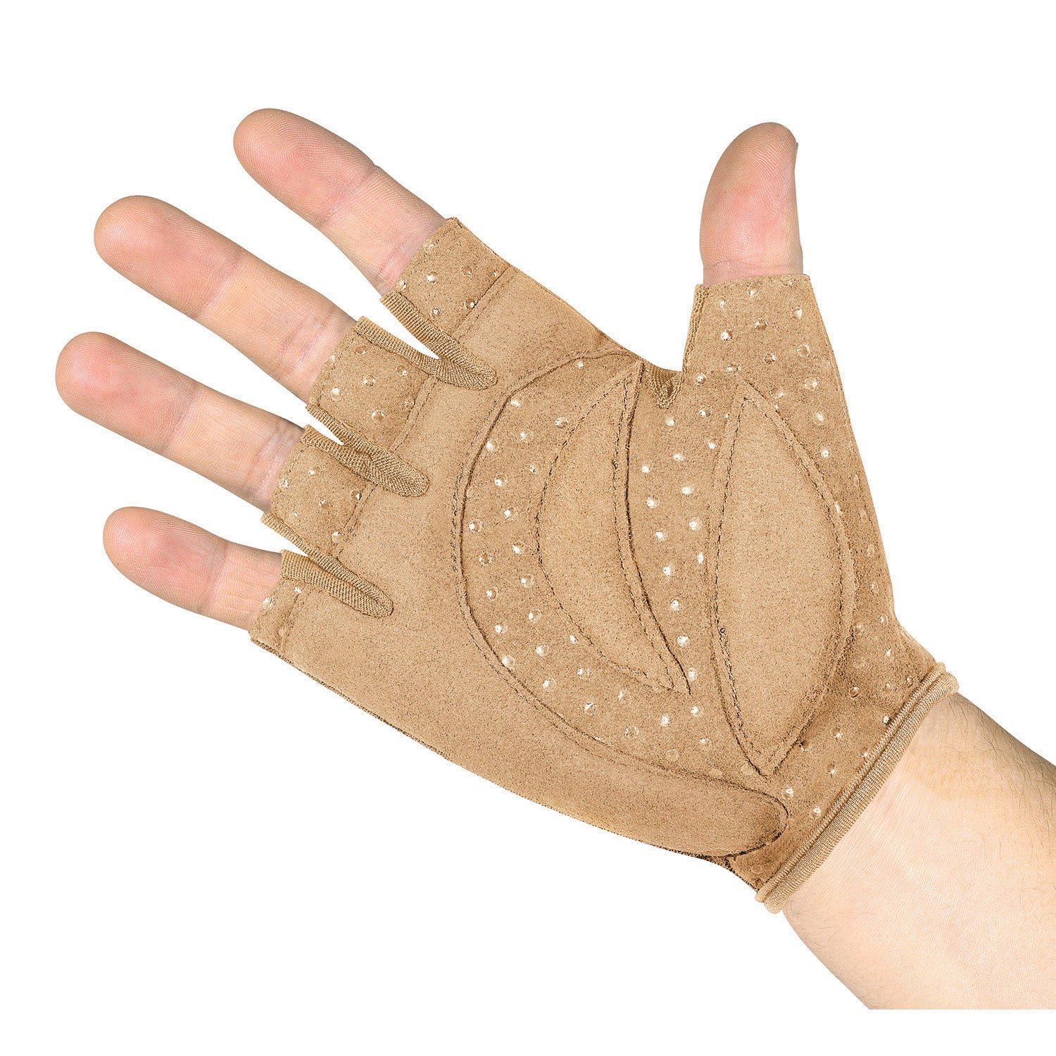 Palm-side flat view of StylePlus Grip Factor gloves showing silicone grip dots on palm and finger base, textured backing for control, and trimmed half-finger openings. in nude or black