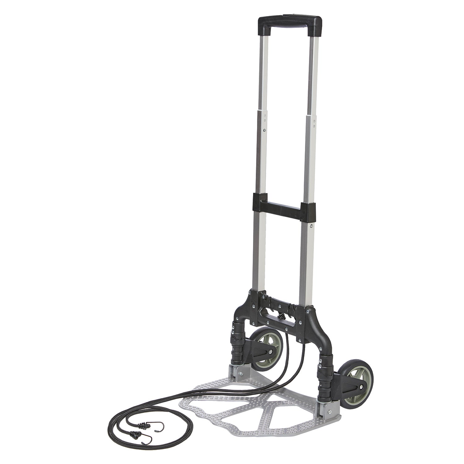 Silver aluminum and black-plastic plume cart with telescoping handle, two 8″ wheels, and elastic bungee cord to secure plume bags—designed for easy transport of color guard equipment