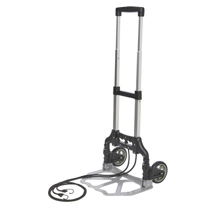 Silver aluminum and black-plastic plume cart with telescoping handle, two 8″ wheels, and elastic bungee cord to secure plume bags—designed for easy transport of color guard equipment