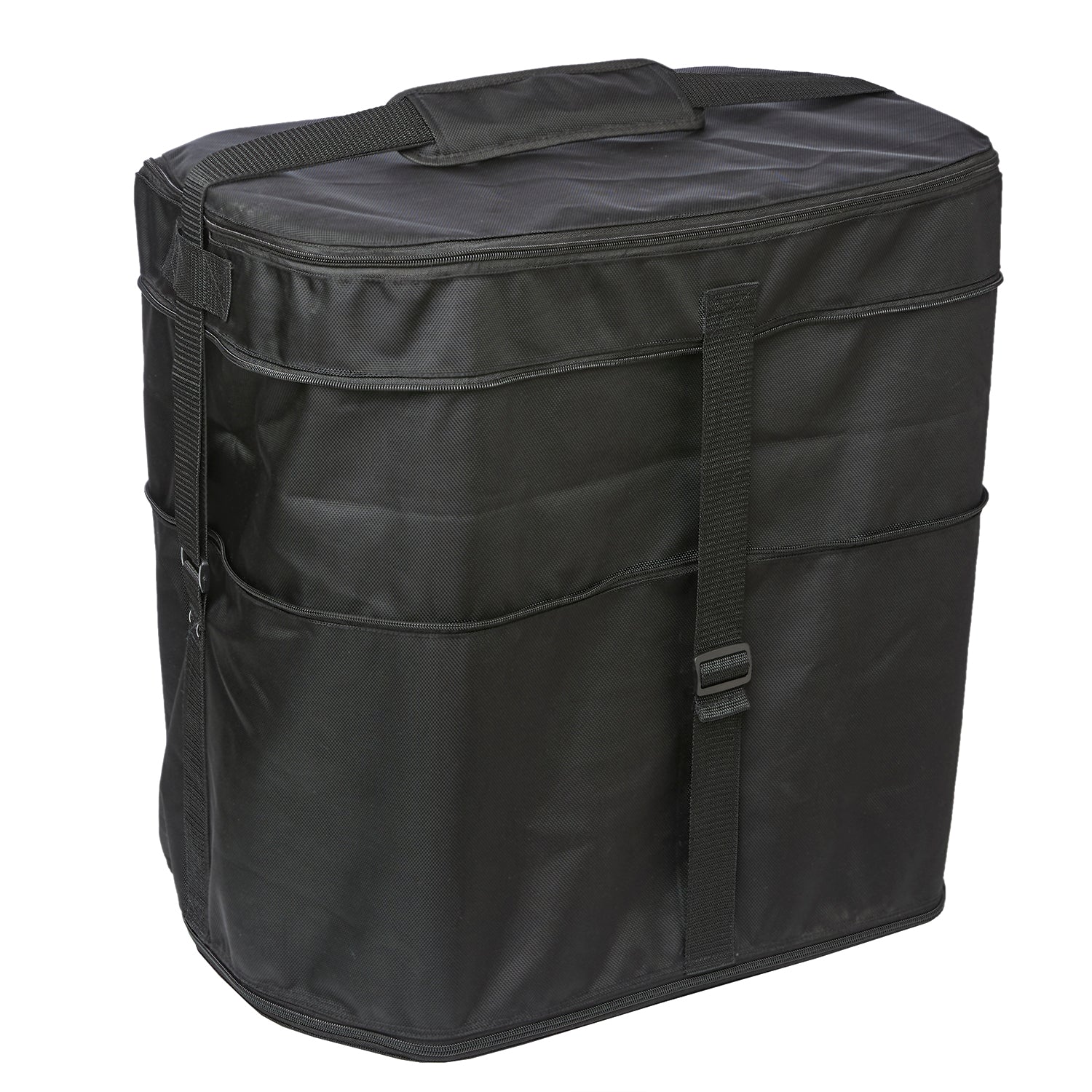 Black Vivace Deluxe plume bag in padded 1680‑denier nylon, zippered top closure, adjustable shoulder strap and reinforced top handle—designed for structured plume storage.
