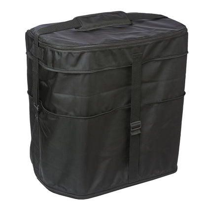 Black Vivace Deluxe plume bag in padded 1680‑denier nylon, zippered top closure, adjustable shoulder strap and reinforced top handle—designed for structured plume storage.