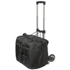 Silver aluminum and black-plastic plume cart with telescoping handle, two 8″ wheels, and elastic bungee cord to secure plume bags—designed for easy transport of color guard equipment