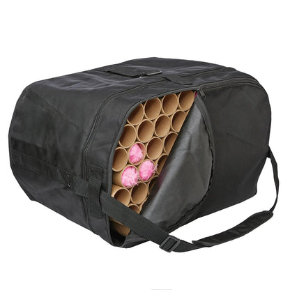 Black honey‑comb plume tube carrier bag with side opened to show internal arranged cardboard honey‑comb tubes holding three pink plumes—designed for plume protection and organized storage.
