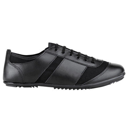 Prowler marching shoe in black/nude leather-like upper with athletic lace-up styling, padded collar, and textured rubber outsole featuring pivot point for precision drill movements.