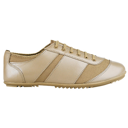 Prowler marching shoe in black/nude leather-like upper with athletic lace-up styling, padded collar, and textured rubber outsole featuring pivot point for precision drill movements.