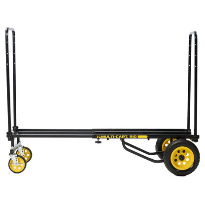 RockNRoller R10RT Max multi‑cart fully assembled with dual telescoping handles, black powder‑coated steel slatted deck, two rear 10″ pneumatic wheels, and dual swivel front casters—built for smooth transport of heavy gear