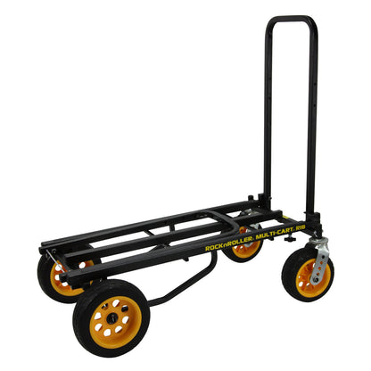 R18RT Mega Plus cart folded flat for storage, with wheels and handle nested close to frame—folding tripod base and telescoping support arms visible