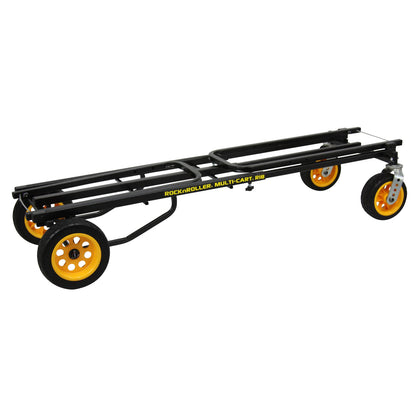 R18RT Mega Plus cart folded flat for storage, with wheels and handle nested close to frame—folding tripod base and telescoping support arms visible