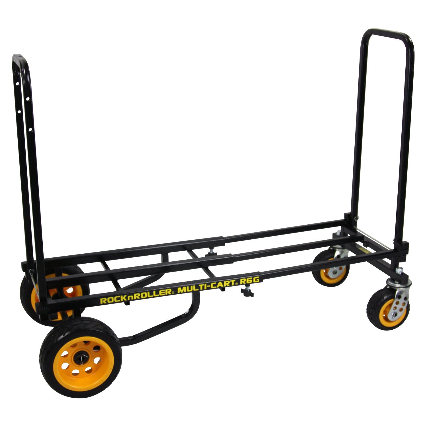 RockNRoller R6G Mini Ground‑Glider multi‑cart with telescoping handle raised, featuring compact black steel frame, two 6″ foam-filled ground‑glider wheels, and front swivel casters—designed for easy transport over all terrains.
