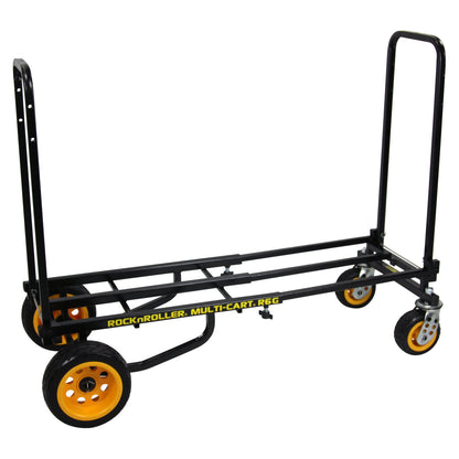 RockNRoller R6G Mini Ground‑Glider multi‑cart with telescoping handle raised, featuring compact black steel frame, two 6″ foam-filled ground‑glider wheels, and front swivel casters—designed for easy transport over all terrains.