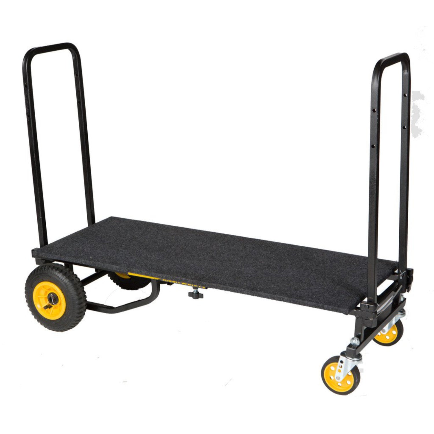 Black carpeted solid deck installed on RocknRoller R8/R10/R12 multi-cart, showing full-length plywood platform replacing slatted base and secured by cart’s vertical uprights—ideal for supporting AV gear.