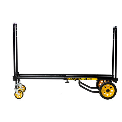 RockNRoller R8RT Mid multi‑cart fully assembled with upright telescoping handle, black powder‑coated steel frame, two 8″ foam-filled tires, and front swivel casters—designed for hauling moderate loads across various terrains.