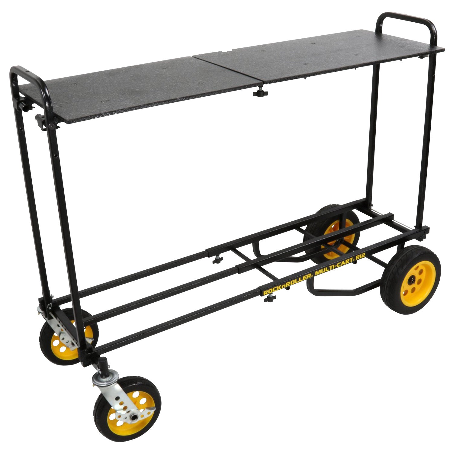 Black carpeted shelf panel measuring approximately 16″ deep and clutchable to form 32″ or 50″ length when expanded—designed to clip onto cart uprights for quick workstation setup