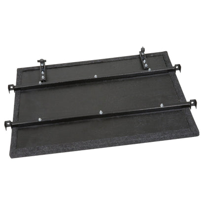 Flat-lay of two carpeted multimedia shelves—one 24″×31″ base shelf and a 10″×31″ upper shelf—with steel support tubes underneath, ready to be attached to a cart frame.