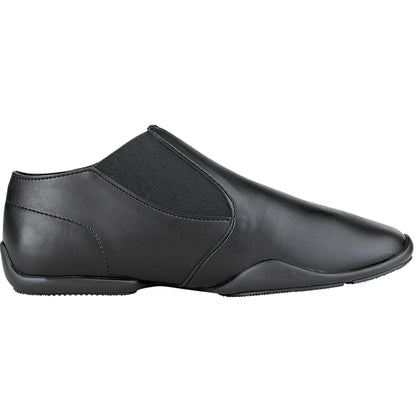 Relevé slip-on dance shoe in black (or nude) full-grain leather with elastic gore panels, split-sole rubber outsole, padded arch support, and protective toe and heel wrap ideal for indoor performance.